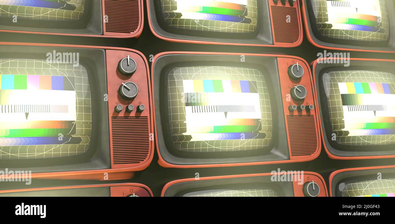 Gestapelte Retro-Fernseher mit Testbild Stockfoto