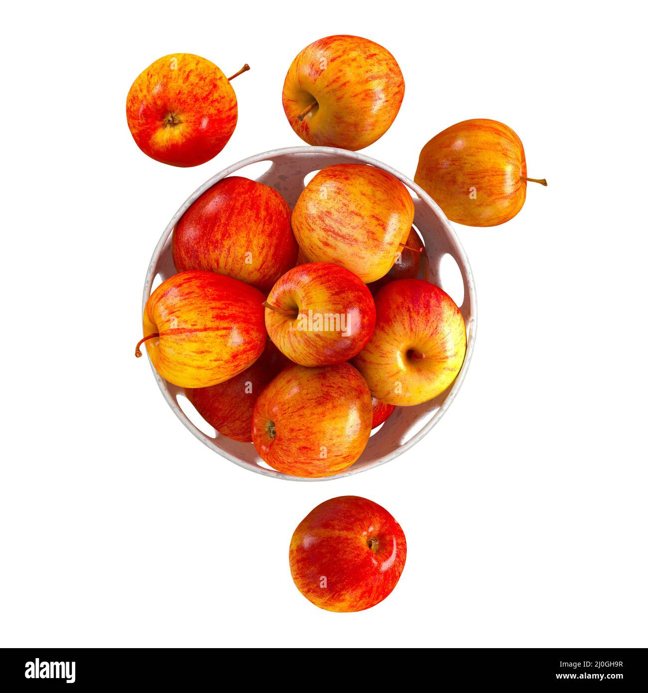 Rot-gelb glänzende Äpfel liegen in einer weißen dekorativen Schale auf einem isolierten Hintergrund. 3D Rendern. Draufsicht Stockfoto