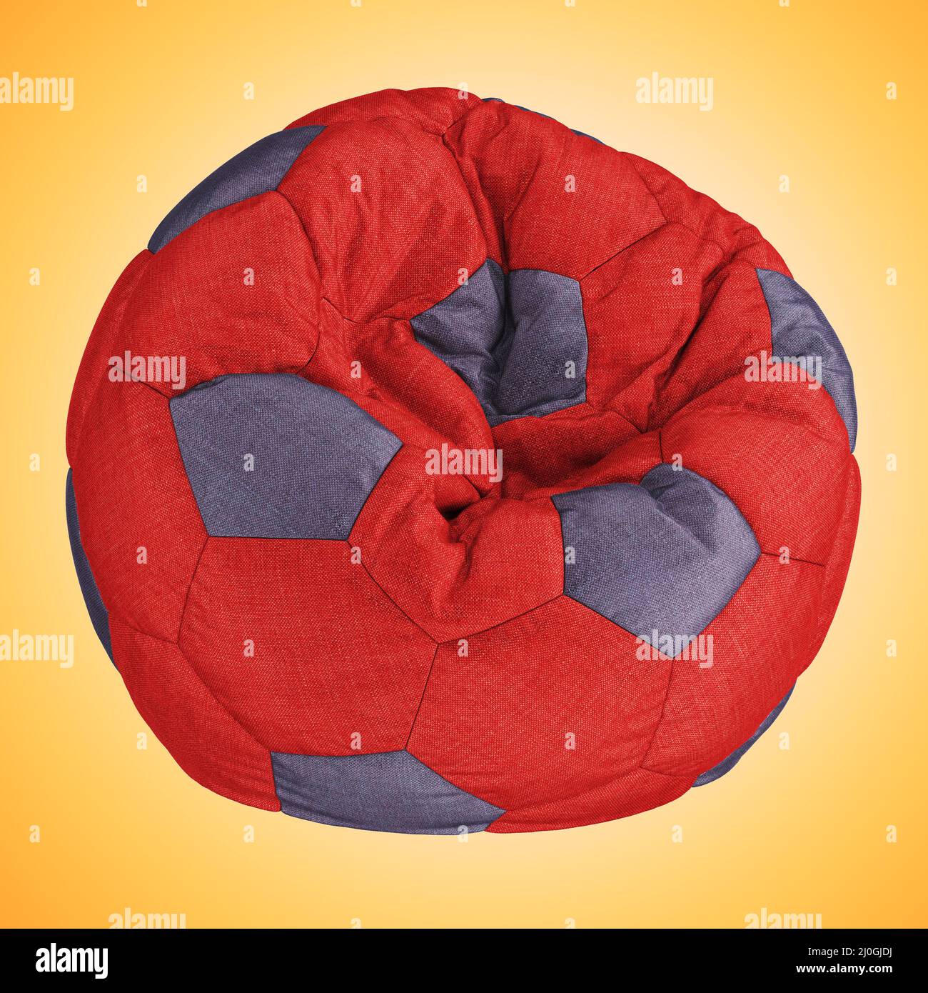 Weicher, roter Lila-Sessel in Form eines Fußballs auf orangefarbenem Hintergrund. 3D Rendern Stockfoto