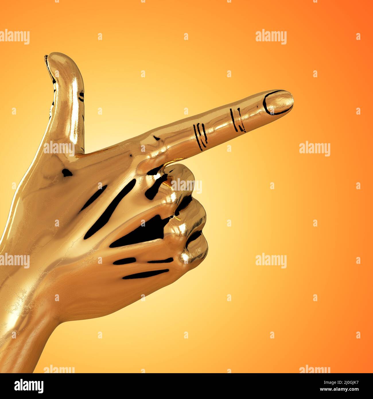 Goldene Hand mit ausgefahrenen Zeigefinger und Daumen auf orangefarbenem Hintergrund. Zeigezeichen. 3D Rendern Stockfoto