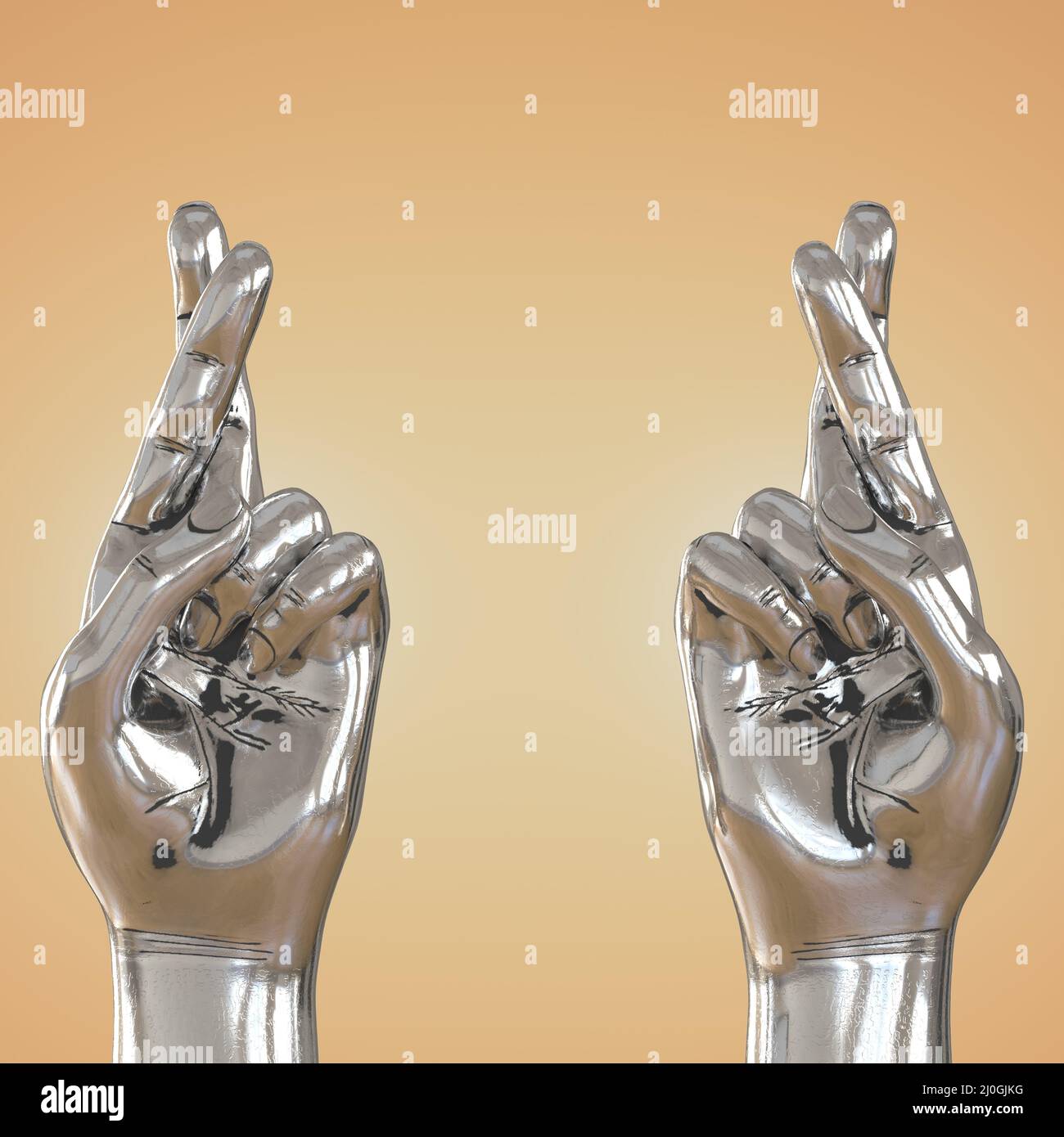 Zwei silberne Hände mit gekreuzten Fingern auf beigem Hintergrund. Vorder- und Rückansicht. 3D Rendern Stockfoto
