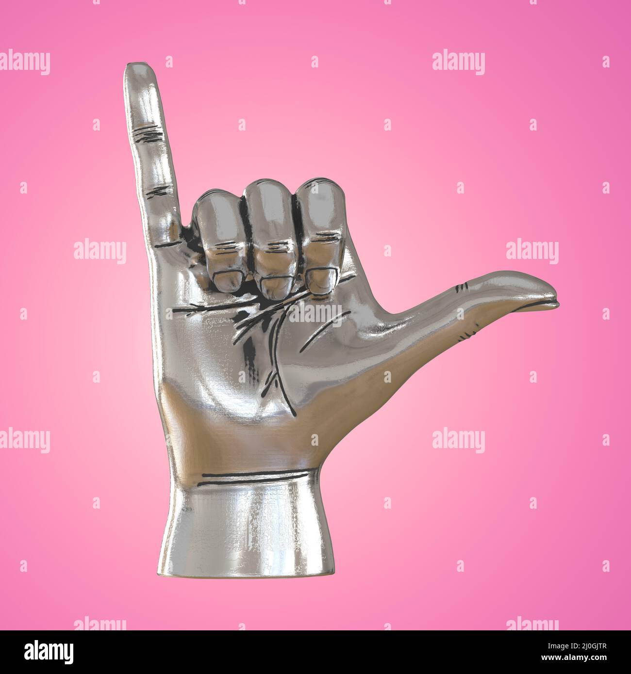 Eine dekorative silberne Hand mit einem ausgestreckten Daumen und einem rosafarbenen Finger auf einem rosa Hintergrund. Vorderansicht. 3D Rendern Stockfoto