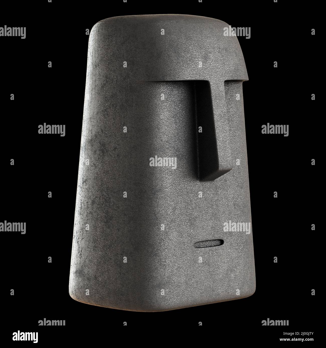 Stilisierte Steinfigur in Form eines Kopfes mit einem Gesicht auf schwarzem Hintergrund. 3D Rendern Stockfoto