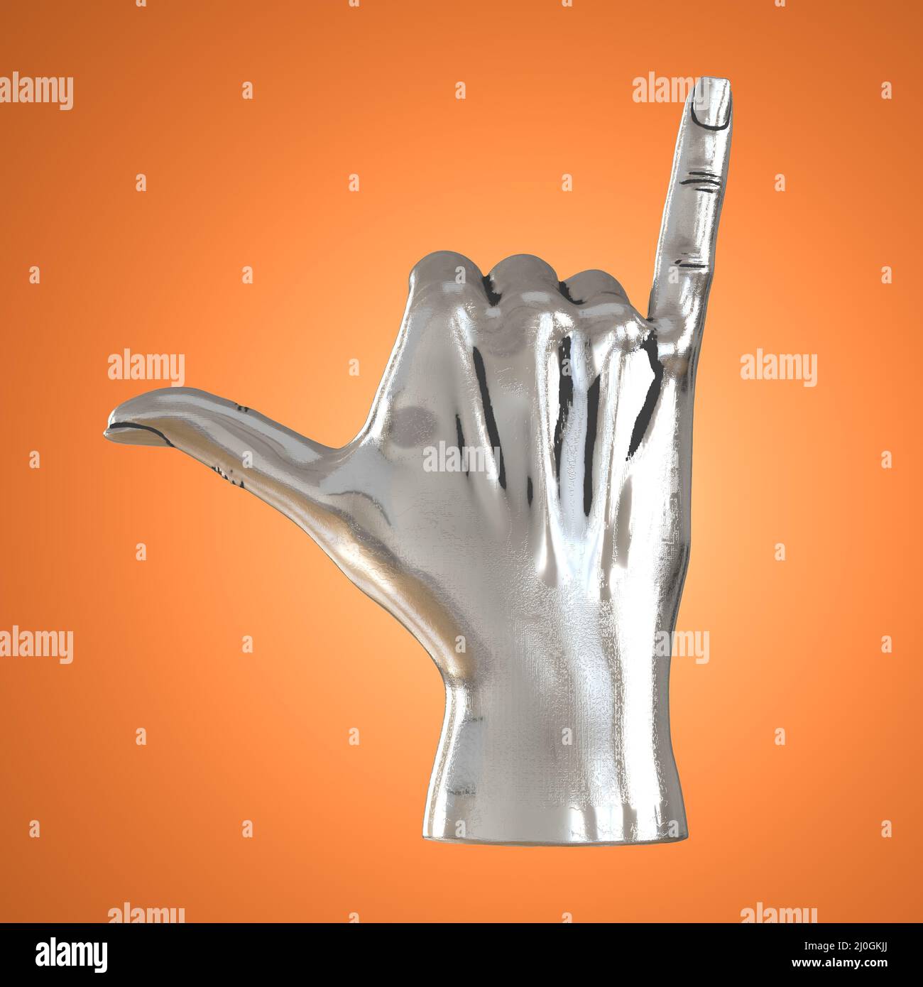 Dekorative silberne Hand mit ausgestrecktem Daumen und kleinem Finger auf orangefarbenem Hintergrund. Rückansicht. 3D Rendern Stockfoto