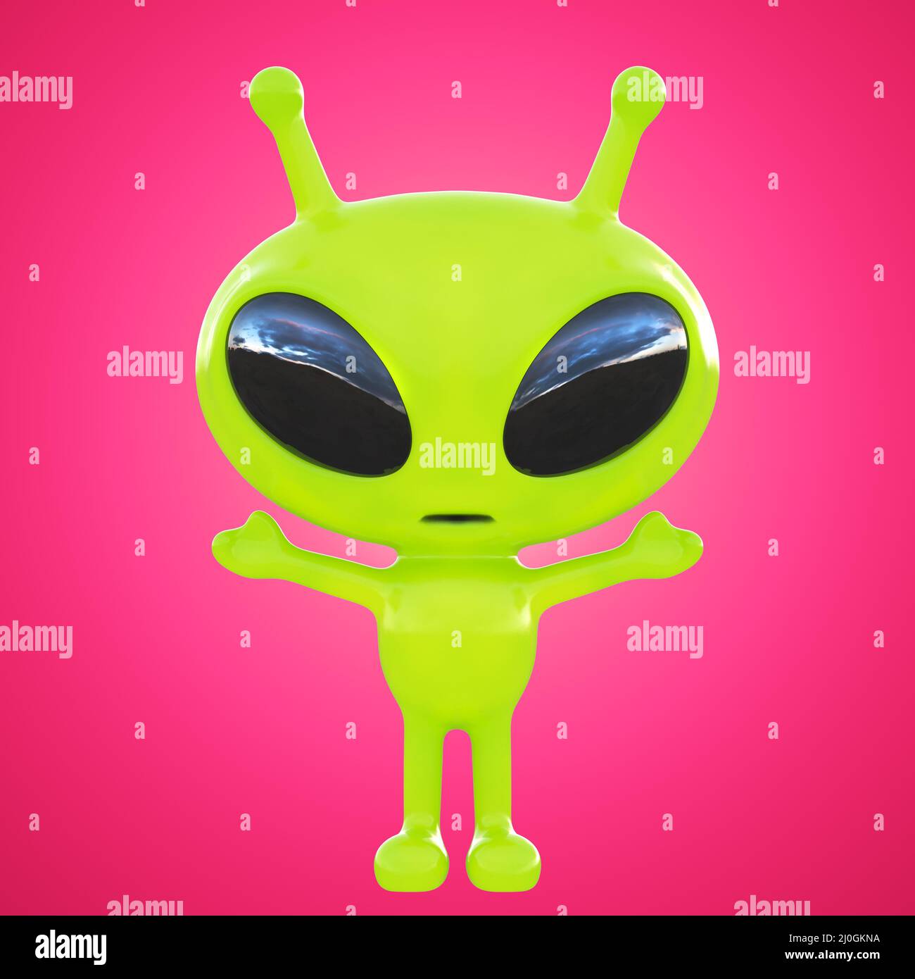 Spielzeug grün Alien mit großen Augen auf einem rosa Hintergrund. Der Himmel spiegelt sich in den Augen. Vorderansicht. 3D Rendern Stockfoto