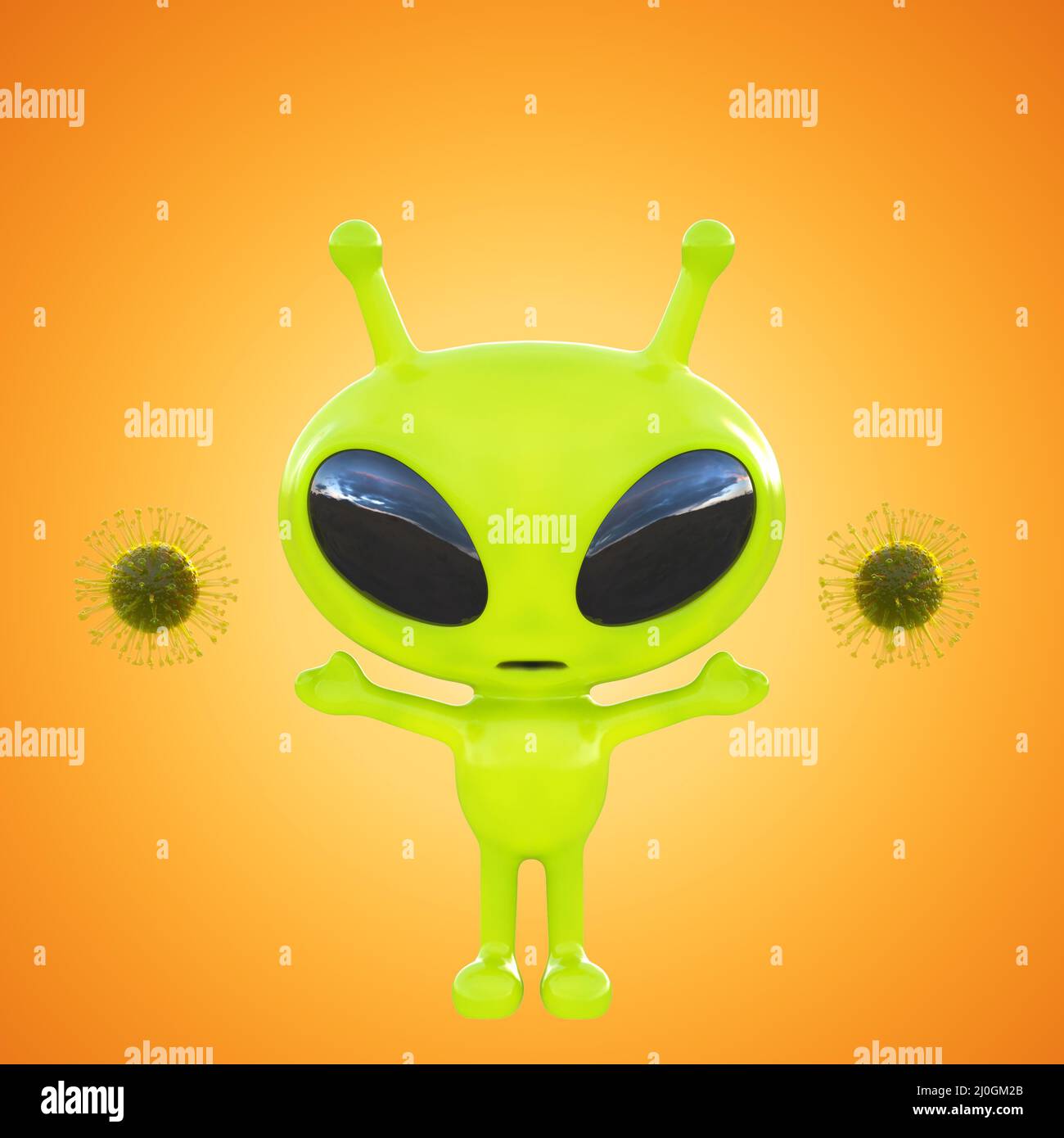 Kleines grünes Alien in der Mitte der Coronavirus-Bakterien auf einem orangefarbenen Hintergrund mit Hintergrundbeleuchtung. Vorderansicht. 3D Rendern Stockfoto