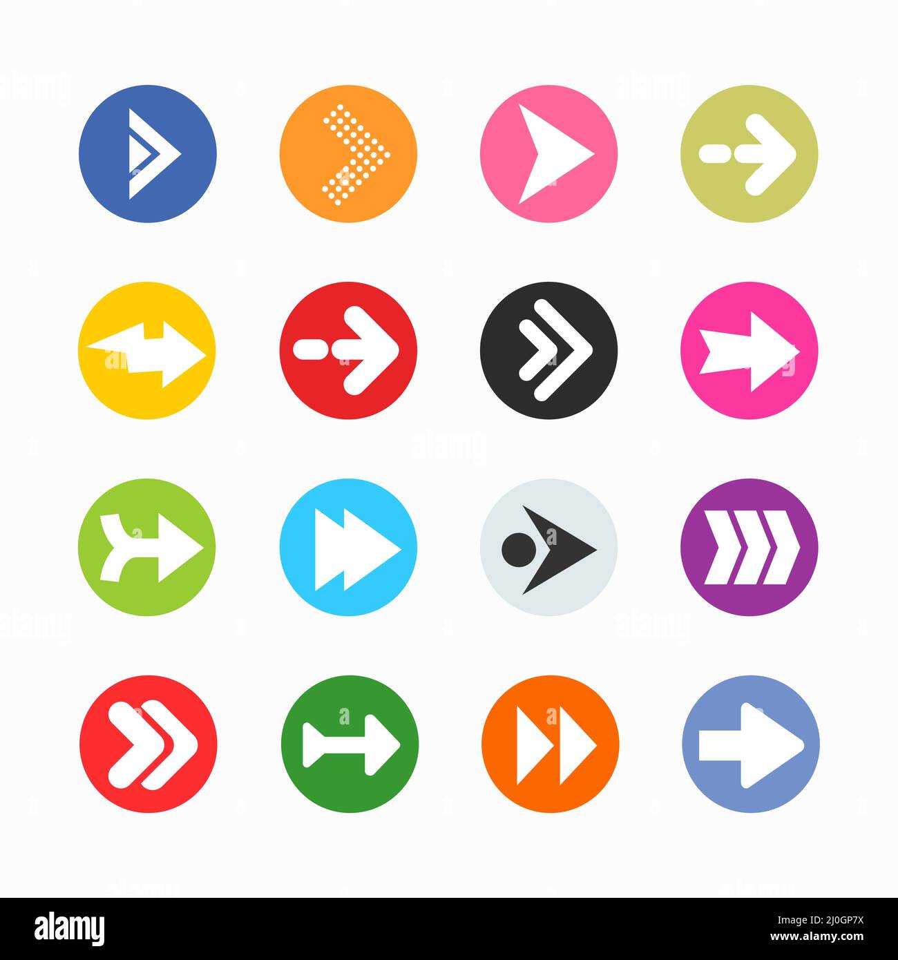 Symbol für Pfeilzeichen gesetzt. Einfache kreisförmige Internet-Taste auf grauem Hintergrund. Stock Vektor