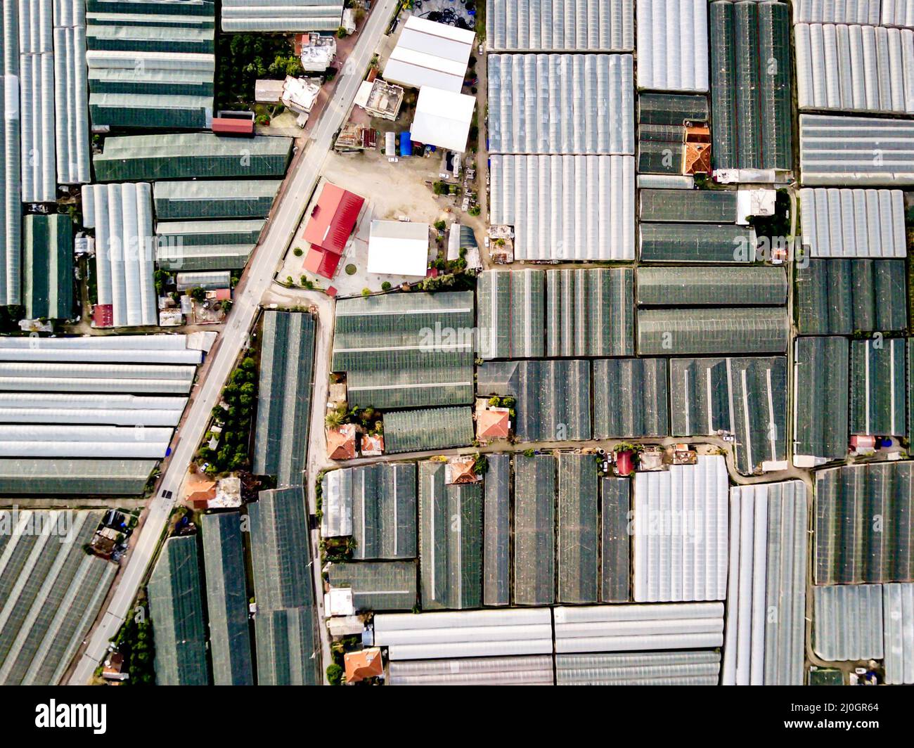 Luftaufnahme von Gewächshausfeldern der Grünplantage in Demre - Provinz Antalya in der Türkei Stockfoto