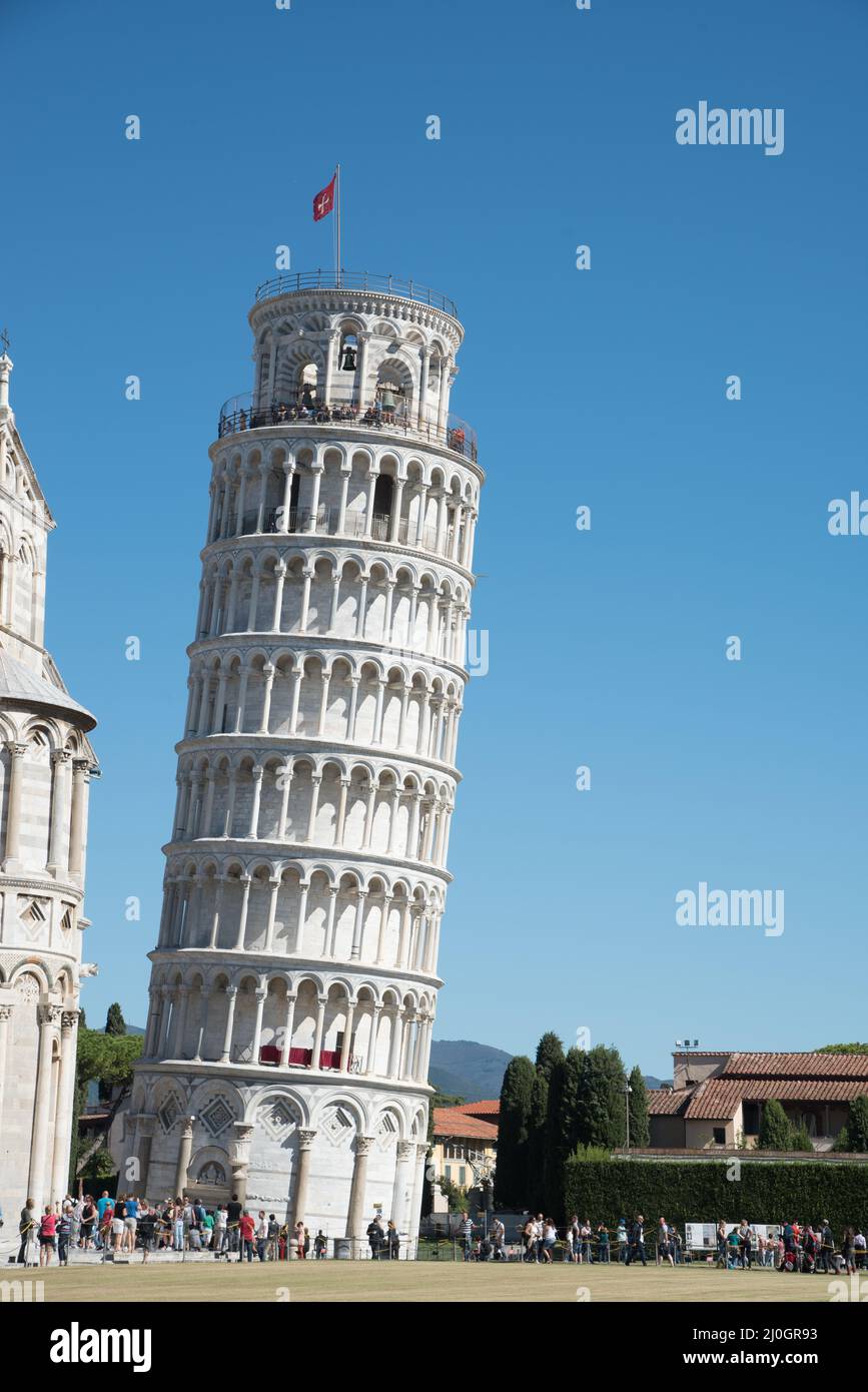 Touristen besichtigen den schiefen Turm von Pisa in Italien Stockfoto