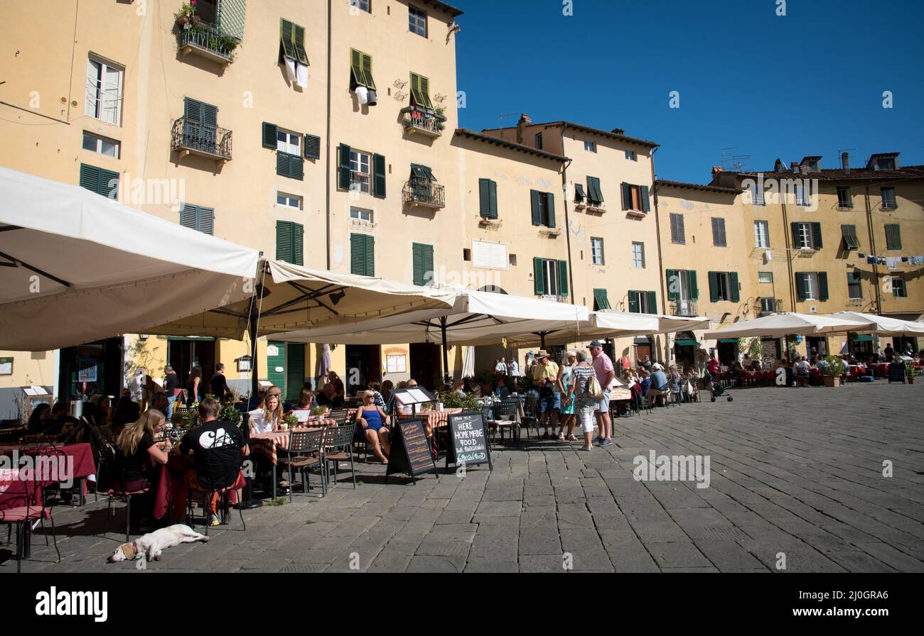 In den Cafés auf der Piazza entspannen und plaudern Menschen Anfiteatro Lucca Stadt toskana Italien Stockfoto