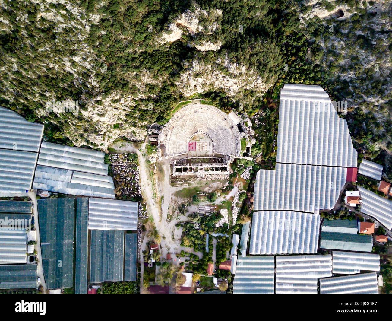 Aus der Vogelperspektive können Sie das Amphitheater und die Gräber in Myra (Demre Stockfoto