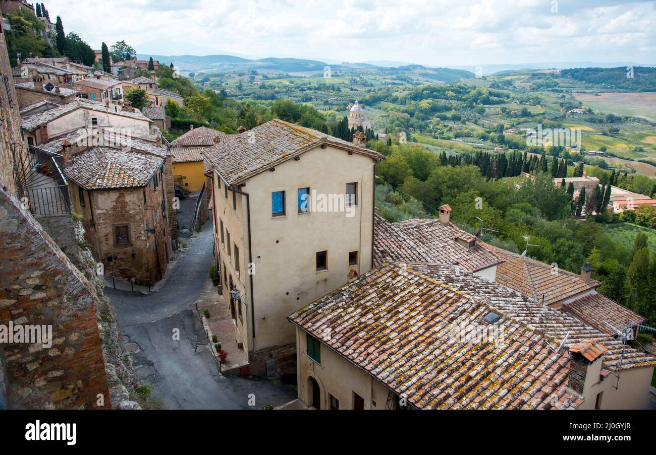 Landschaft der Toskana von den Mauern der Montepulciano Hügelstadt, Italien Europa Stockfoto