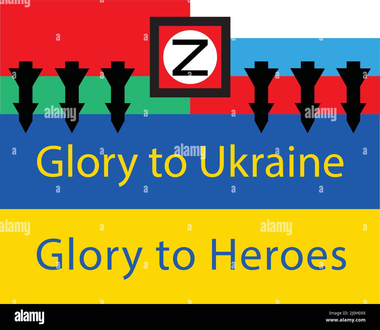 Aggression Russlands und Weißrussland gegen die Ukraine Inschrift auf der gelb-blauen Flagge Ruhm der Ukraine Ruhm der Helden. Abbildung. Stock Vektor