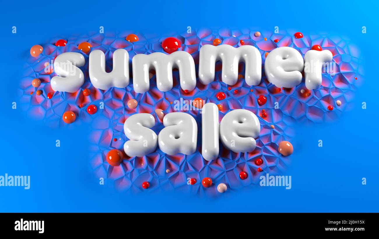Sommerverkauf leuchtend weiße glänzende Buchstaben auf einem blauen abstrakten Hintergrund. 3D Abbildung Stockfoto
