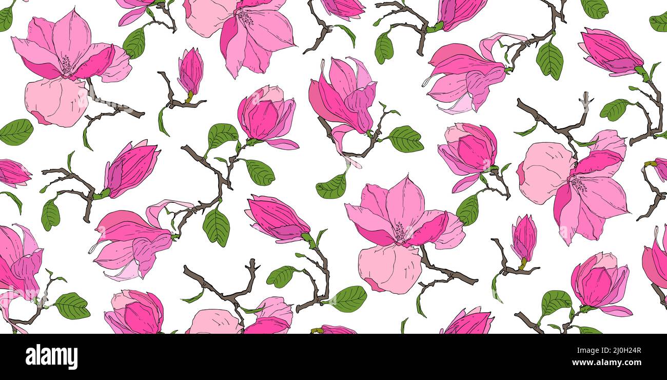 Spring Garden Magnolien blühen. Nahtloses Blumenmuster mit rosa Magnolie auf Weiß für Designs, Kleidung, Bettwäsche-Drucke, Telefontaschen, Geschenkpapier Stock Vektor