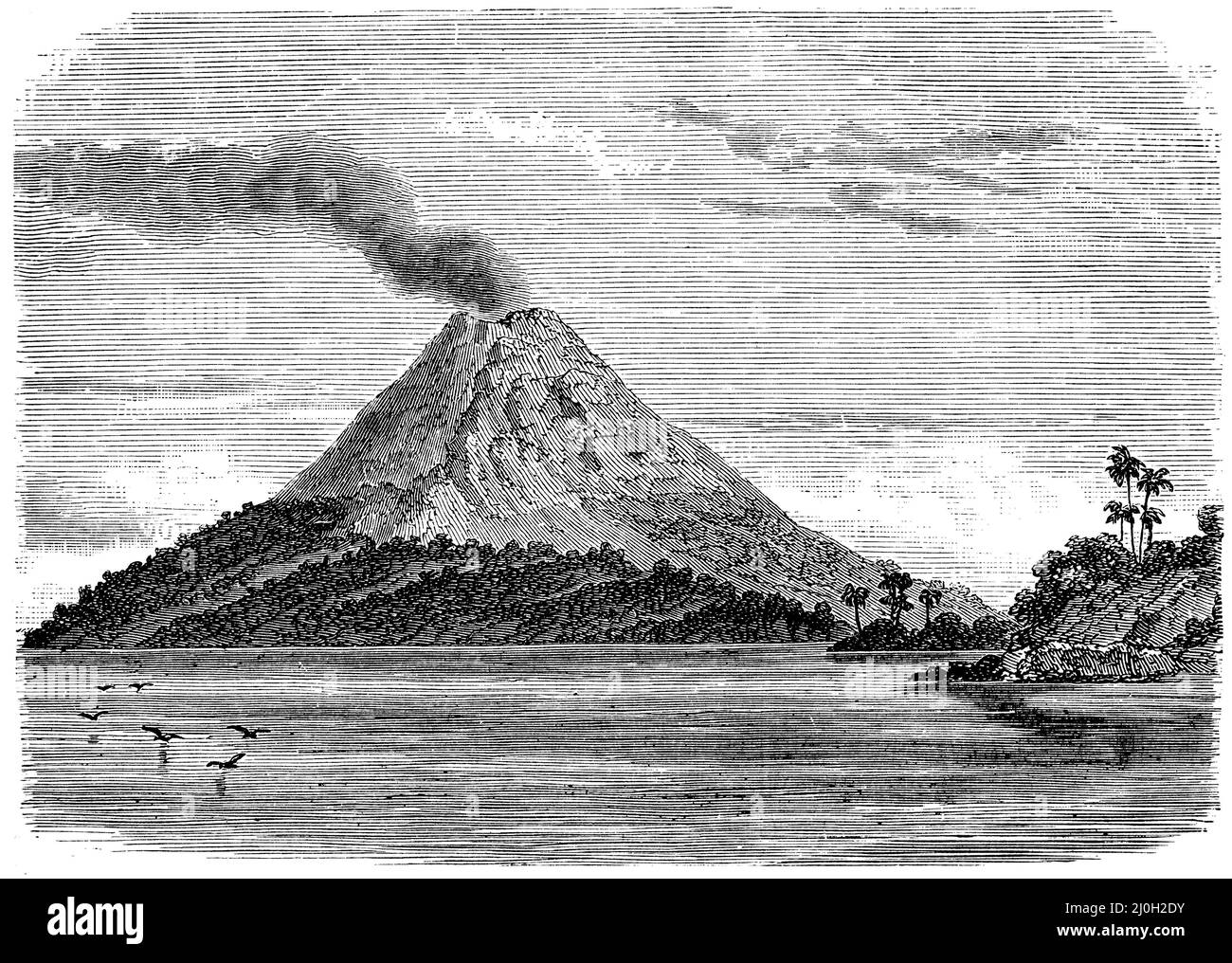 Banda API Volcano, , (Geographie Buch, 1885), Vulkan Banda API, Volcan Banda Api Stockfoto