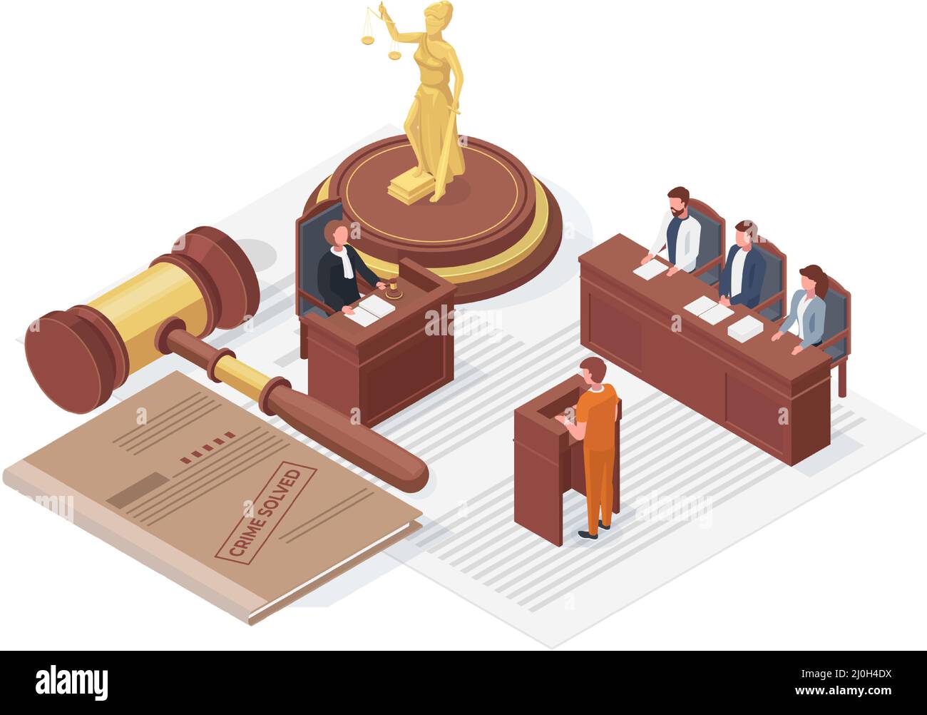 Law Justice isometrisches Konzept, themis und Richter Hammer. Richter passiert Satz Vektor-Illustration. Beurteilen Sie Hammer und Fallkonzept Stock Vektor
