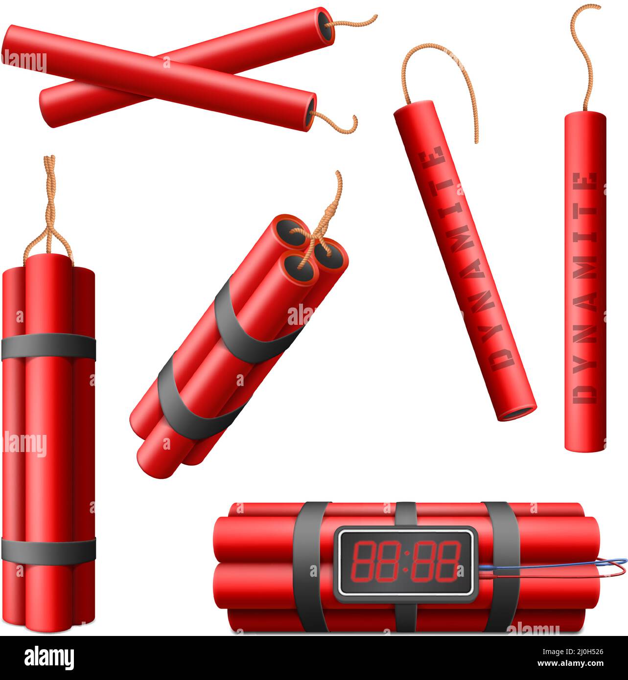 Realistische brennende Sprengstoffbomben-Sticks, 3D explosive rote Bombe mit Explosions-Timer. Dynamit militärische Waffe, explosive rote Sticks Vektor-Illustration Stock Vektor