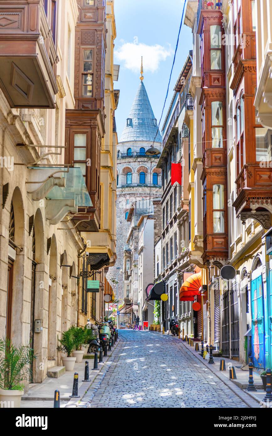 Galata Tower, Istanbul Street Stockfoto