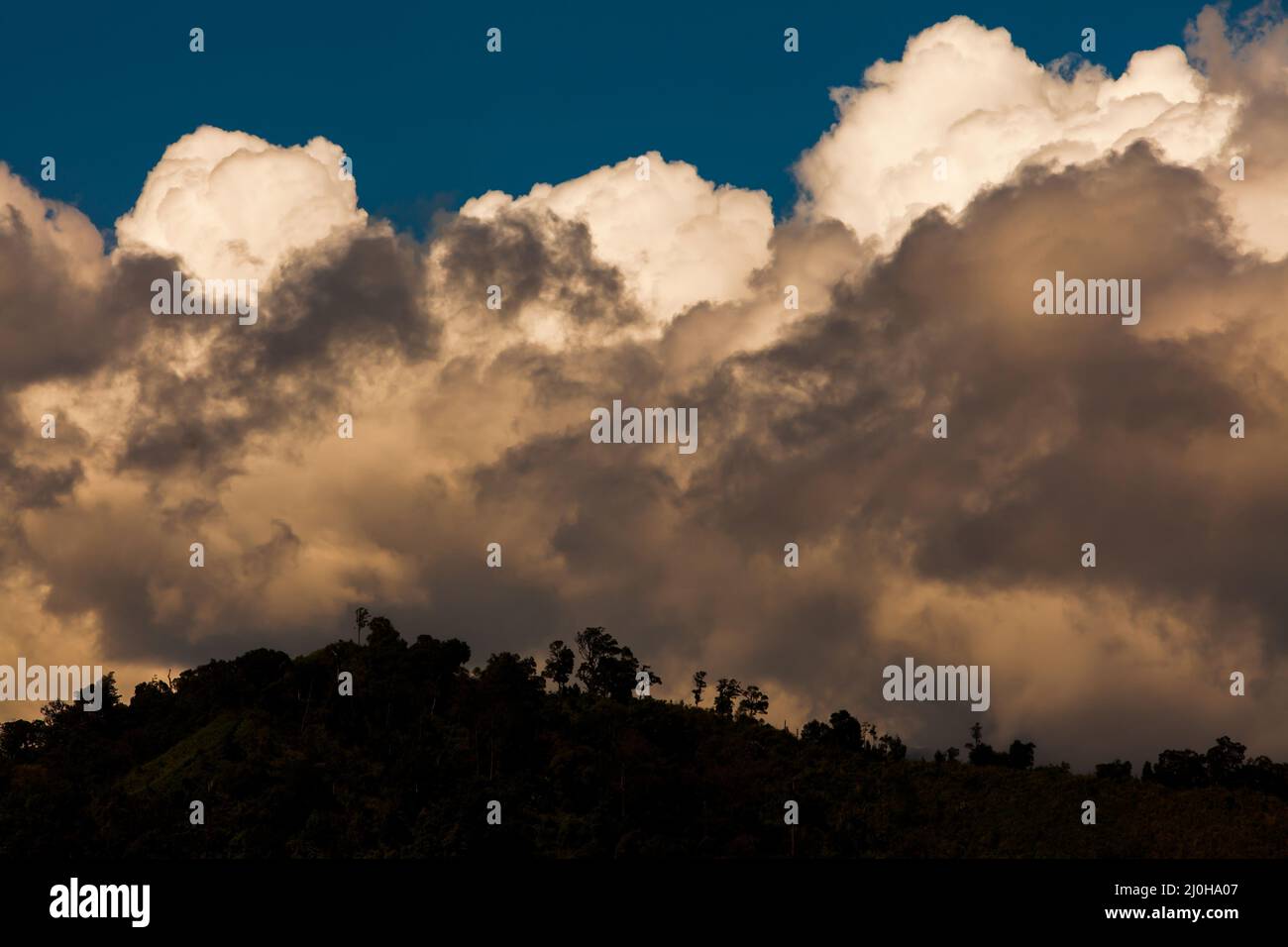 Dramatische Regenstürme oder Gewitterwolken über einem tropischen Regenwald. Umwelt, Konzepte zum Klimawandel. Konzentrieren Sie sich auf die Wolken. Stockfoto