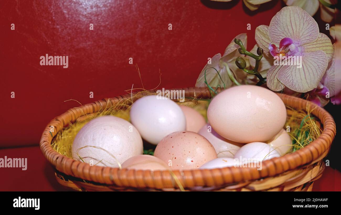Natürliche Eier im Korb Stockfoto