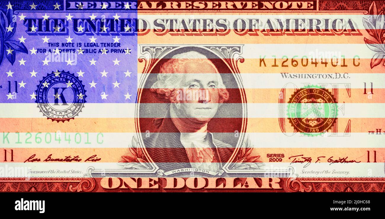 Collage eine Dollarnote mit US-Flagge Stockfoto