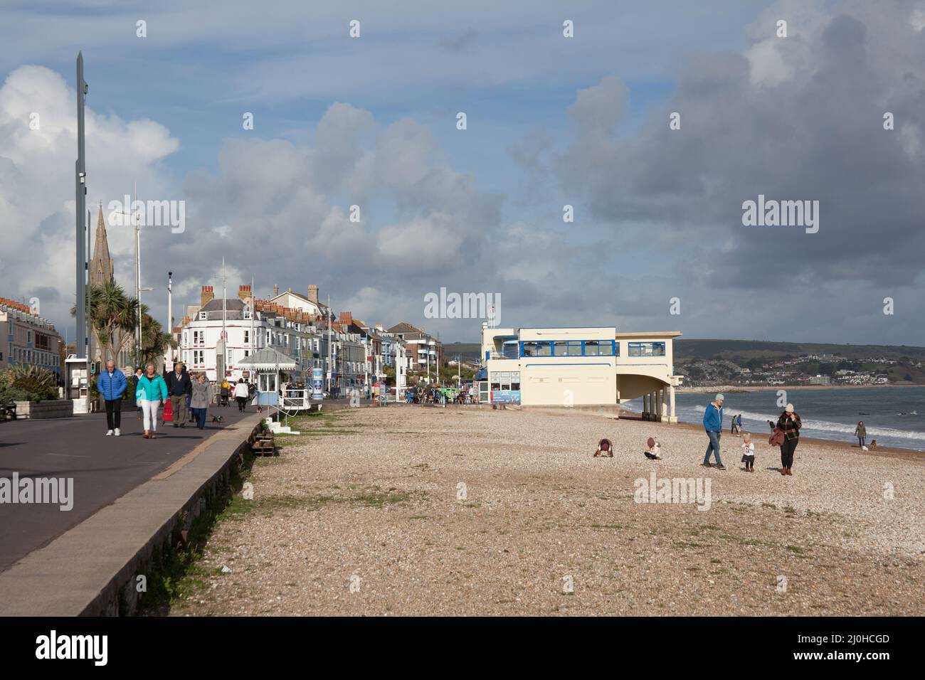 Blick auf Weymouth Beach, Dorset in Großbritannien Stockfoto