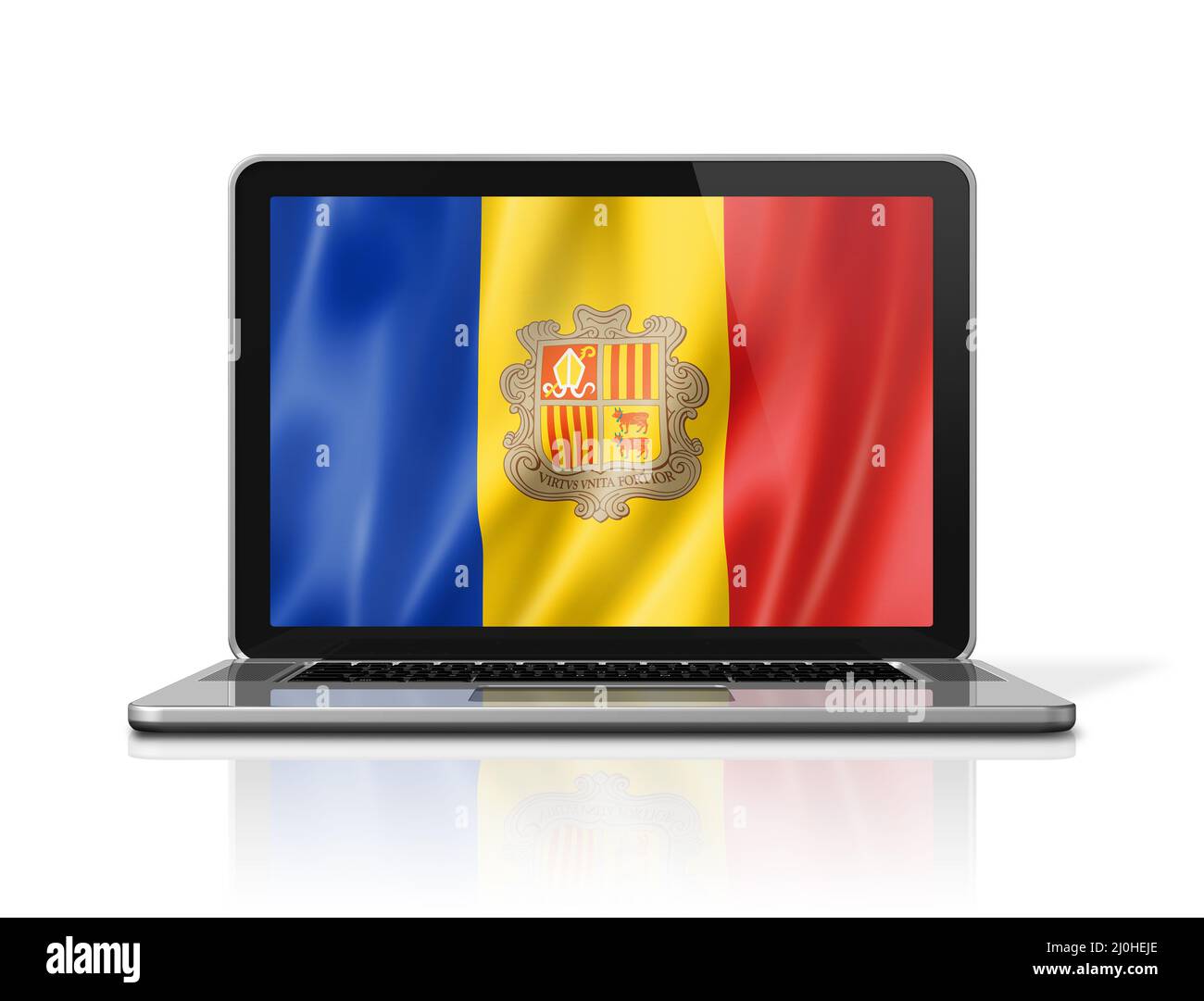 Andorranische Flagge auf Laptop-Bildschirm isoliert auf weiß. 3D Abbildung Stockfoto