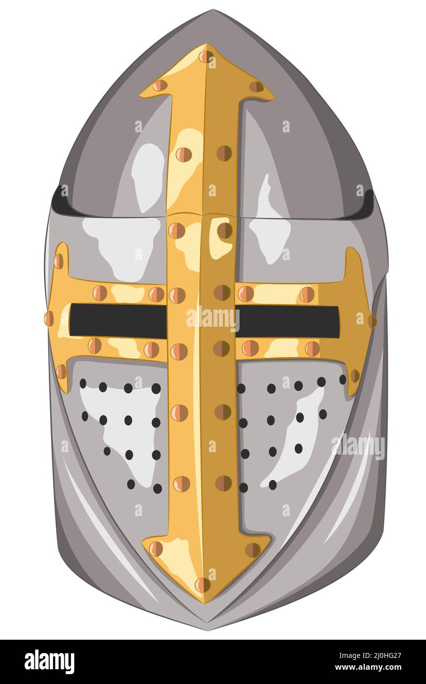 Metall mittelalterlichen Ritter Helm mit goldenem Kreuz isoliert auf weißem Hintergrund. Stock Vektor