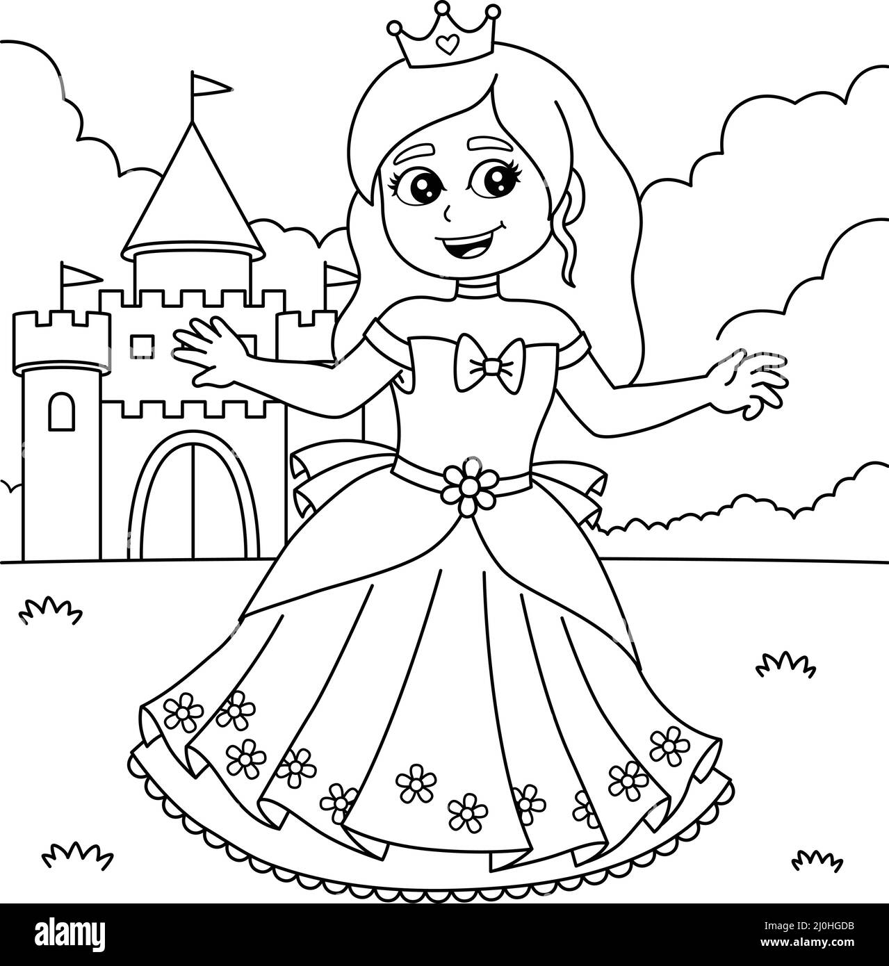  Foto zu Prinzessin vor dem Schloss Malvorlagen für Kinder Stock-Vektorgrafik 