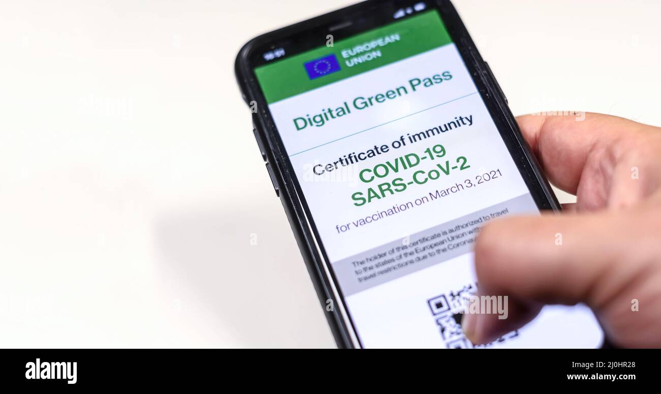 Der digitale grüne Pass der europäischen Union mit dem QR-Code auf dem Bildschirm eines Handys, der von einer Hand gehalten wird Stockfoto