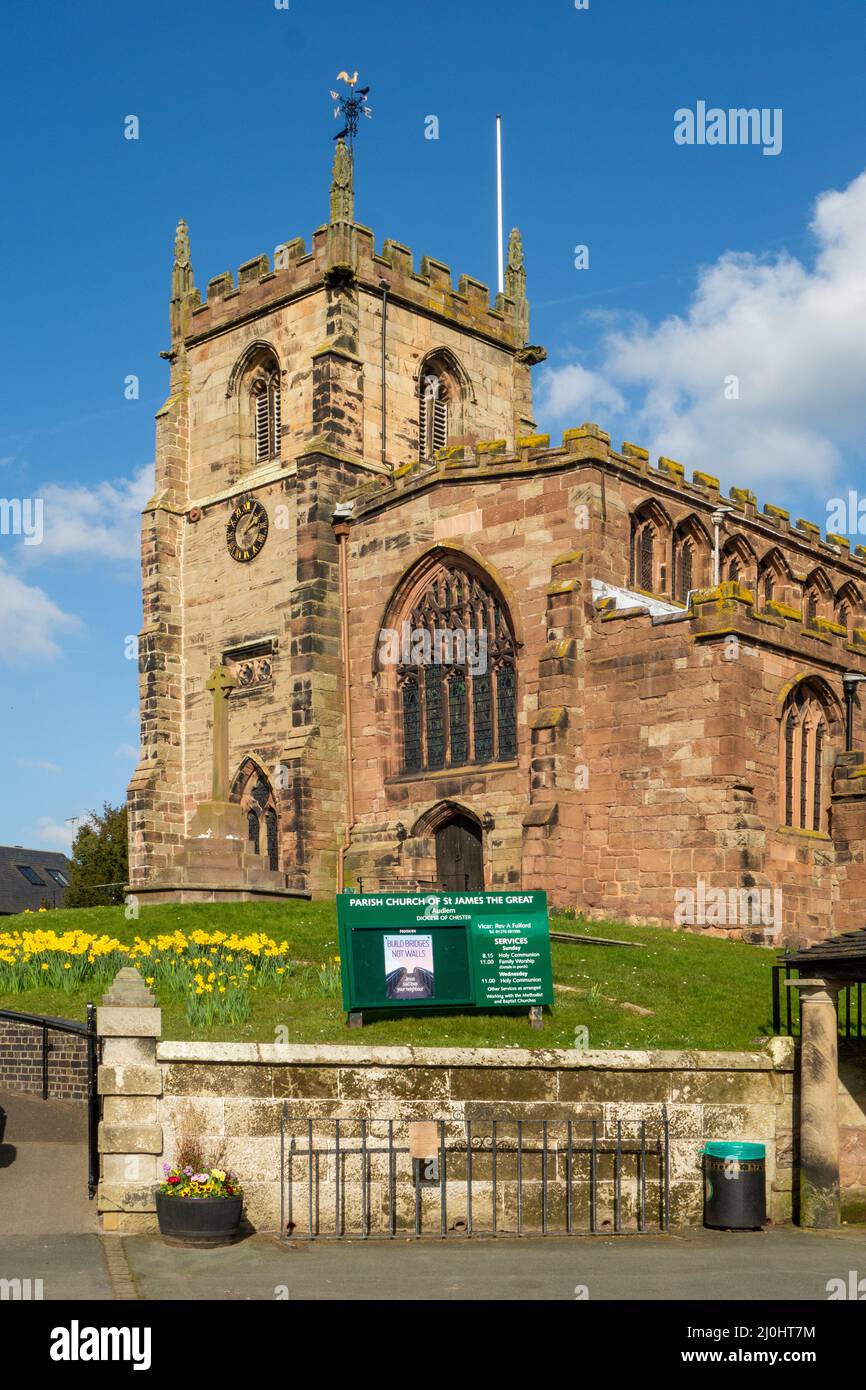 Frühlingsansicht der Pfarrkirche St. James der große im Cheshire-Dorf Audlem, mit Narzissen, die um den Hügel wachsen, auf dem sie steht Stockfoto