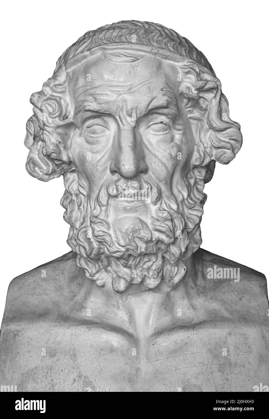 Gipskopie der alten Statue Homer Kopf isoliert auf weißem Hintergrund. Gips Skulptur Mann Gesicht Stockfoto