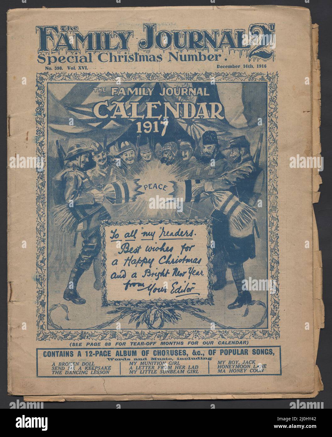 Family Journal, Ausgabe Weihnachten 1916, mit Botschaft für die Truppen des Ersten Weltkriegs auf dem Cover. Politische Geschichte. Preis 2D. Stockfoto