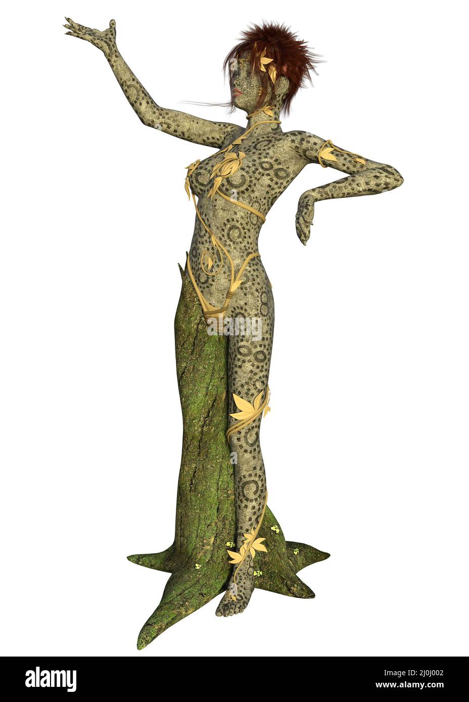 Fantasy Dryad Frau mit Baumstamm Bein, 3D Illustration. Stockfoto