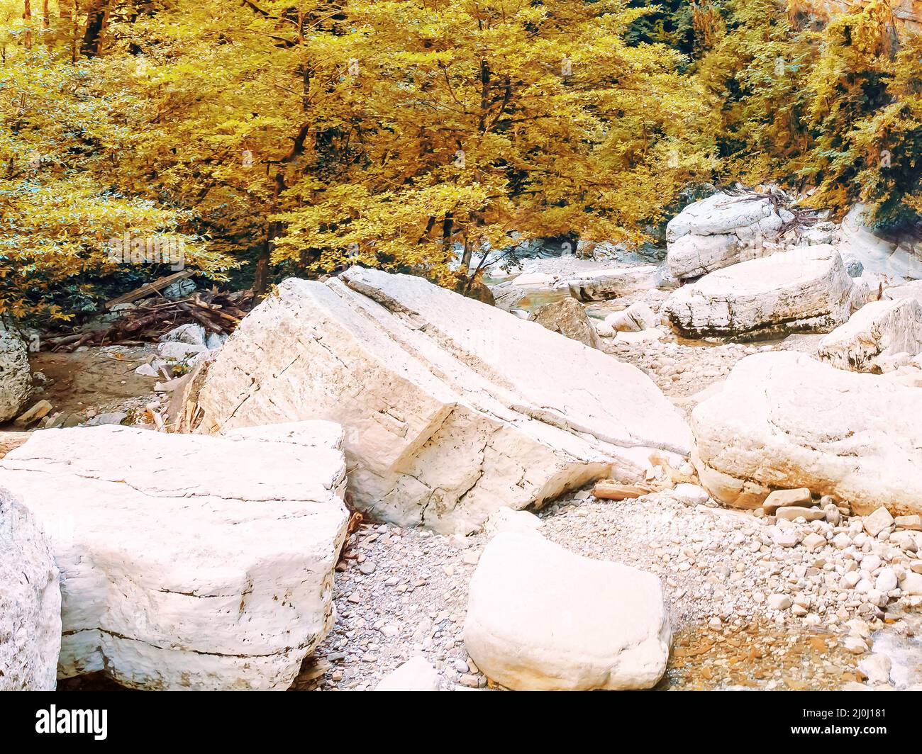 Riesige Steine, die vor langer Zeit mit dem Fluss zwischen ihnen stürzte, sind von einem roten Wald umgeben. Herbstlandschaft Stockfoto