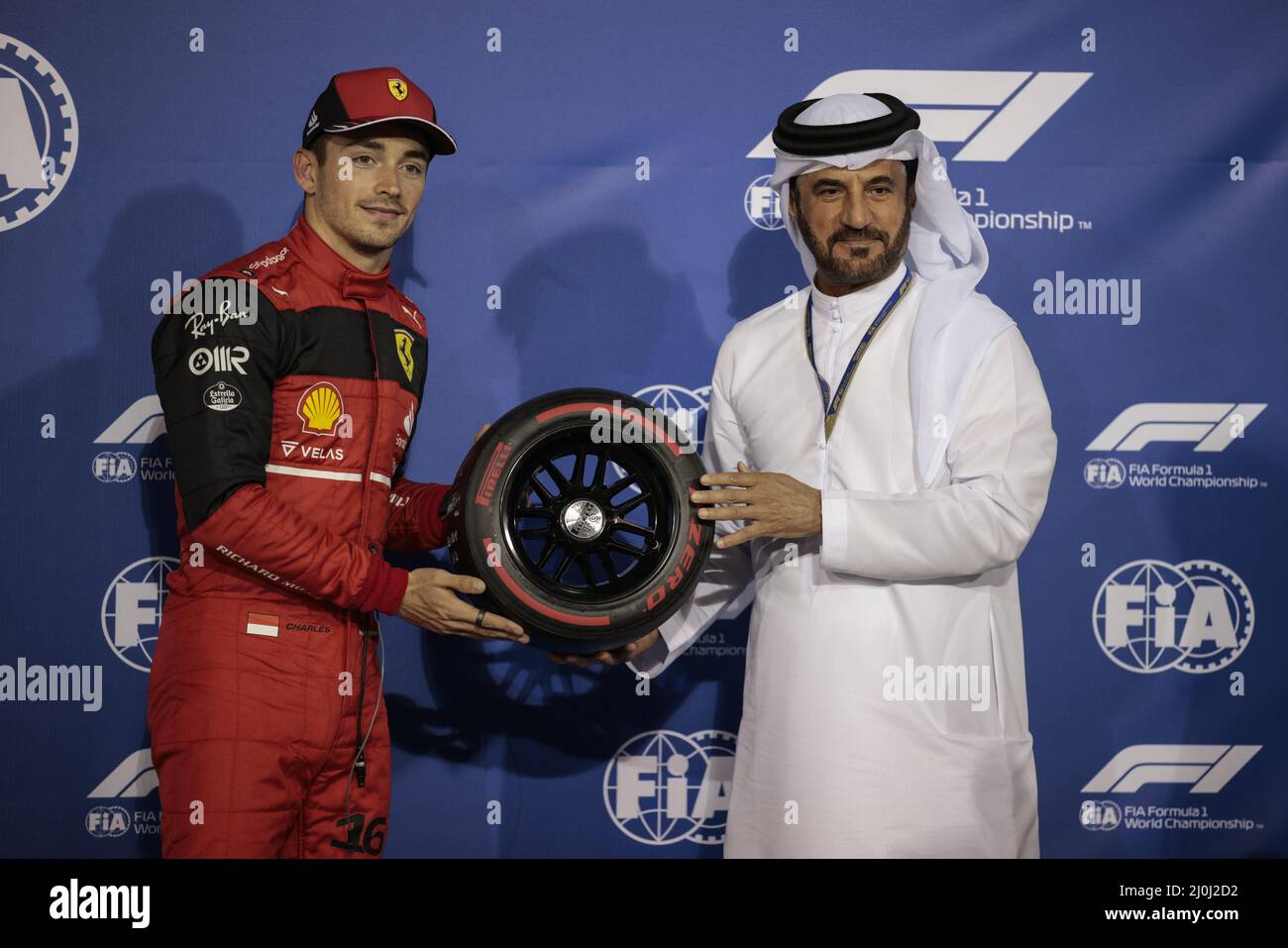 LECLERC Charles (mco), Scuderia Ferrari F1-75, Portrait BEN SULAYEM Mohammed (vae), Präsident der FIA, Portrait während des Formel 1 Gulf Air Bahrain Grand Prix 2022, 1. Lauf der FIA Formel 1 Weltmeisterschaft 2022, auf dem Bahrain International Circuit, vom 18. Bis 20. März 2022 in Sakhir, Bahrain - Foto: Xavi Bonilla/DPPI/LiveMedia Stockfoto