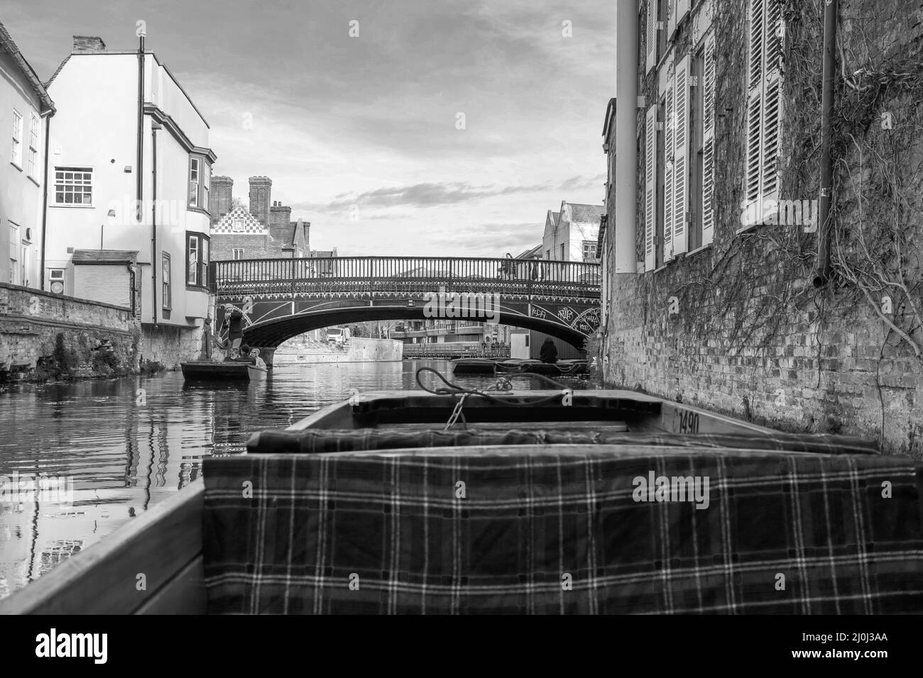 Schwarzweiß-Bild, das auf einer Punt-Tour auf dem Fluss Cam, Cambridgeshire, aufgenommen wurde Stockfoto