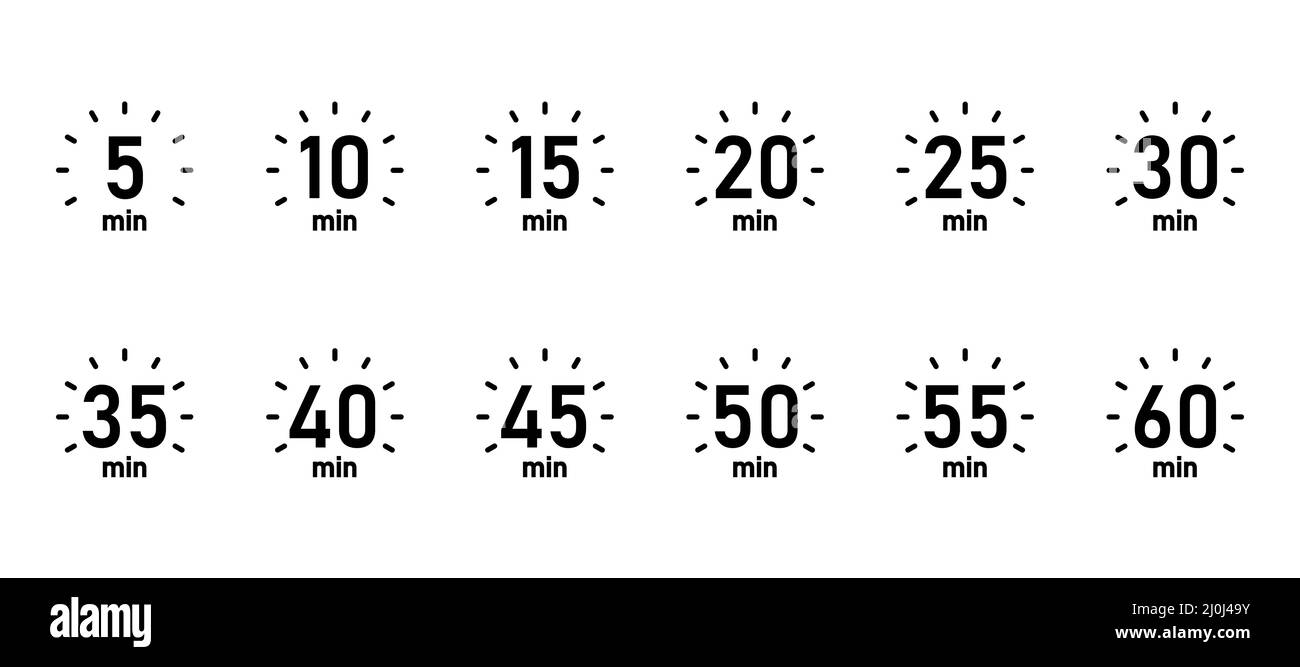 10, 15, 20, 25, 30, 35, 40, 45, 50 min, Timer, Uhr, Stoppuhr isolierte Set-Symbole. Tolles Design für jeden Zweck. Vektorlogo Stock Vektor