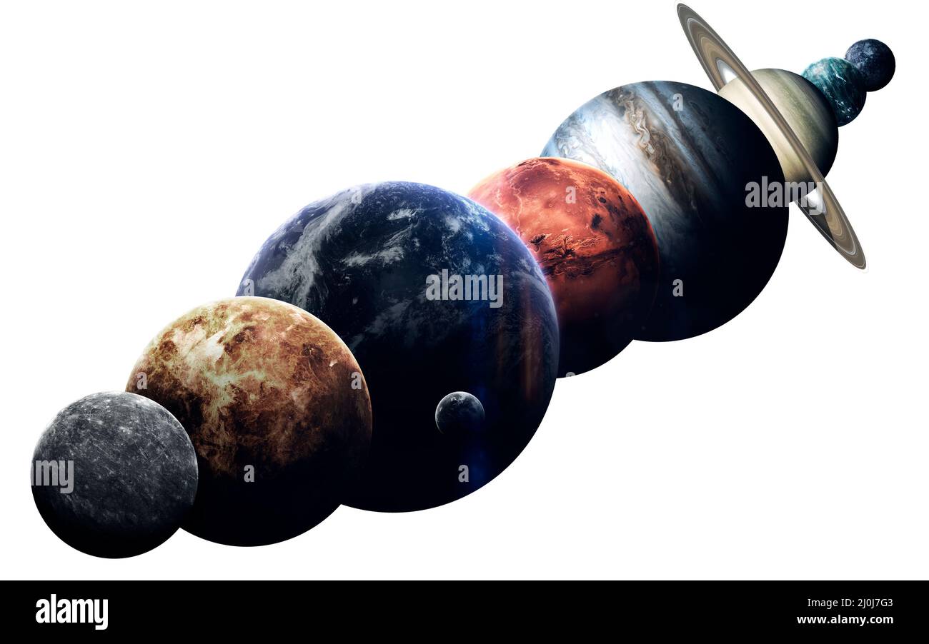 Alle Planeten des Sonnensystems auf dem weißen Hintergrund. Bildungsanbildung. Elemente dieses Bildes, die von der NASA eingerichtet wurden Stockfoto