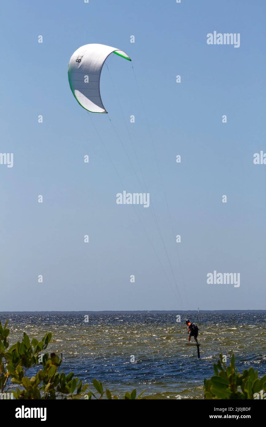 Mann Kiteboarding, Geschirr, Geschwindigkeit, Geschicklichkeit, Wassersport, Aktiv, Bewegung, Charlotte Harbor, Ponce de Leon Park, Florida, Punta Gorda, FL, MR Stockfoto