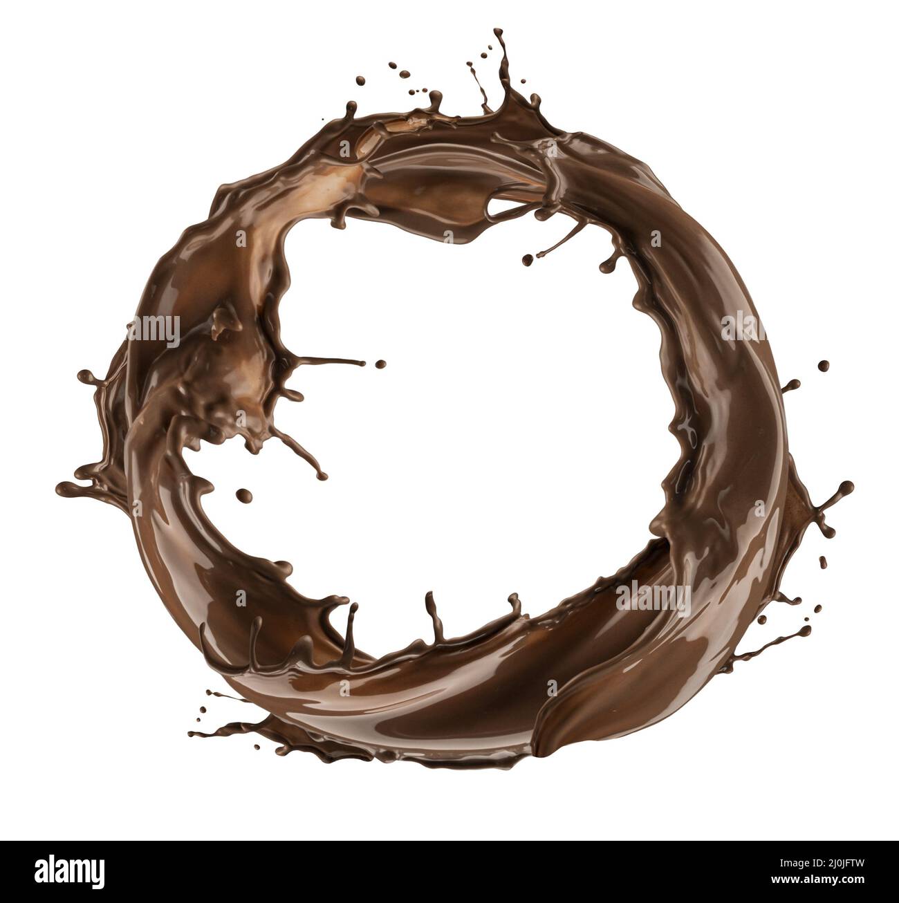 Runde Schokoladenspritzer isoliert auf weißem Hintergrund Stockfoto