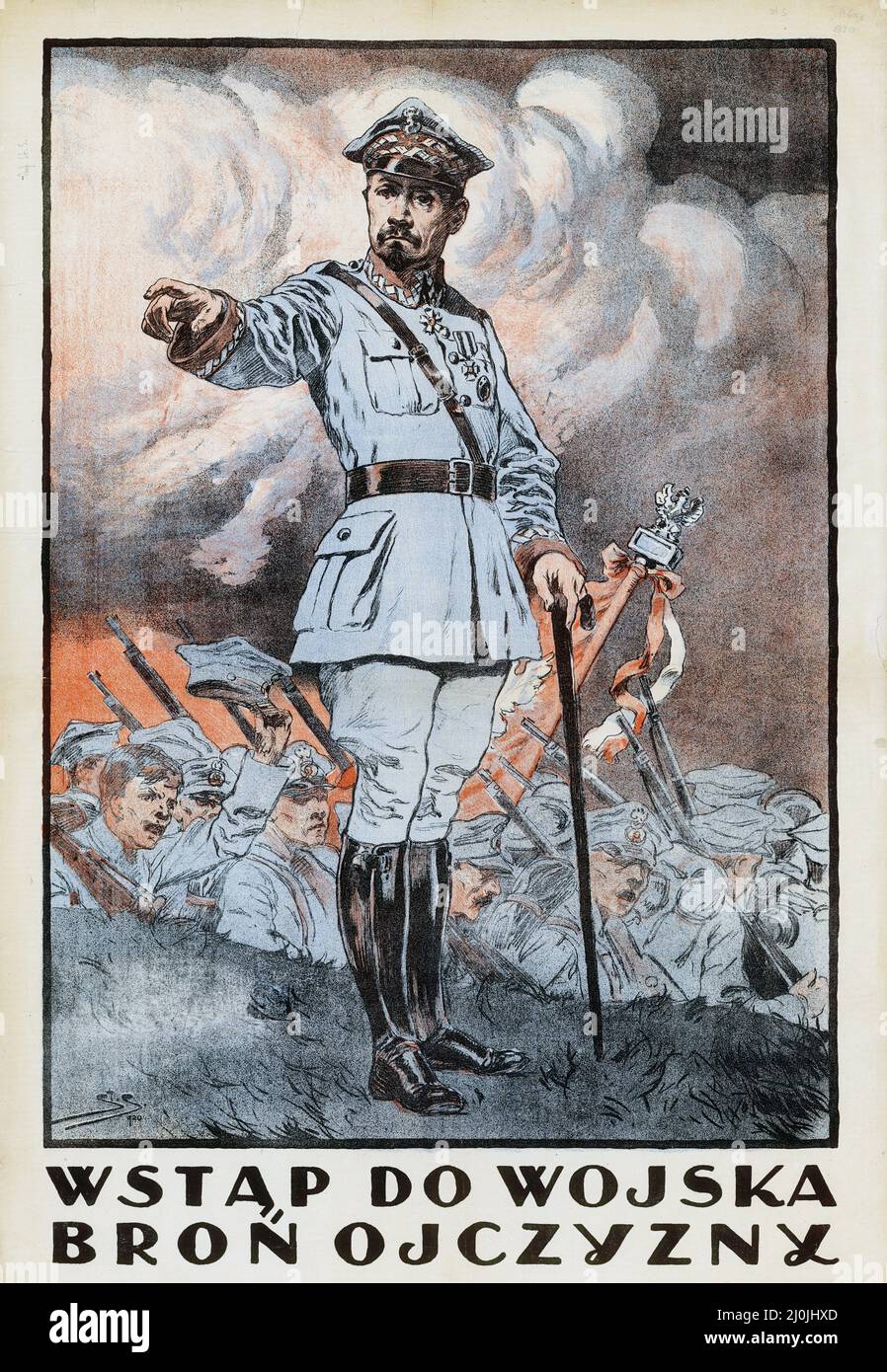 Polnische Propaganda - Józef Haller von Hallenburg plakat 1920. Propagandaplakat aus dem Polnisch-Sowjetischen Krieg. Kunst von Stanisław Sawiczewski. Stockfoto
