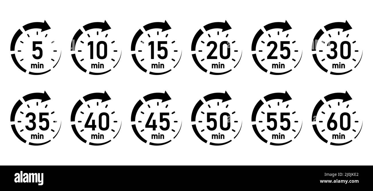 10, 15, 20, 25, 30, 35, 40, 45, 50 min, Timer, Uhr, Stoppuhr-isoliertes Set-Symbol Stock Vektor