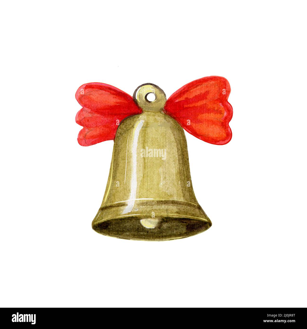 Glocke mit roter Schleife auf weißem Hintergrund. Aquarell-Illustration Stockfoto