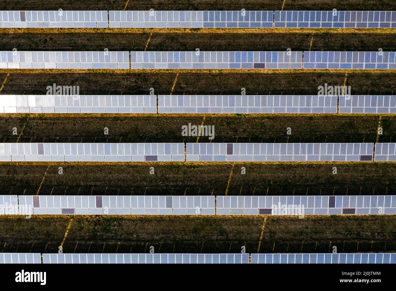 Nahaufnahme von Modulen einer Photovoltaikanlage auf einem Solarpark in Deutschland aus Drohnenperspektive Stockfoto