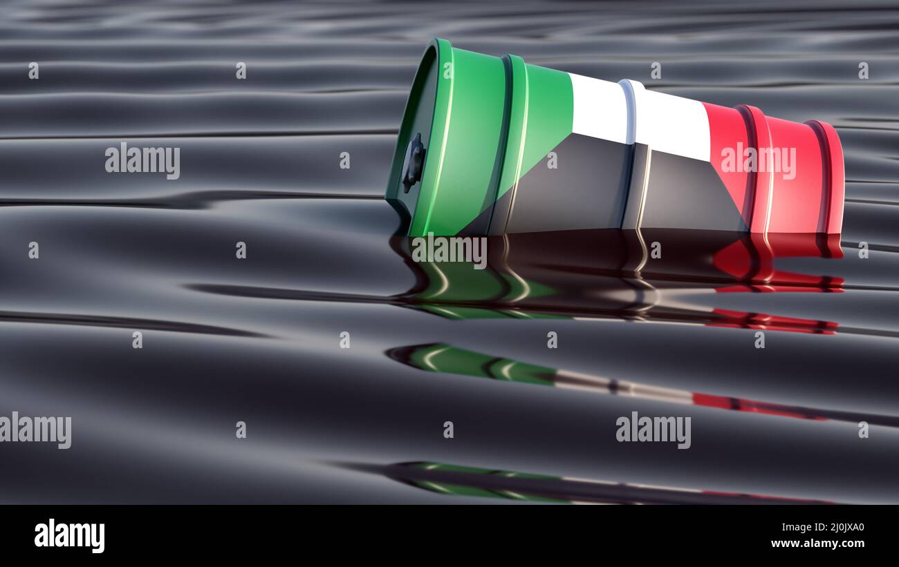 Öltrommel mit der Flagge Kuwaits, die in einem Ozean aus schwarzem Öl schwimmend ist. 3D Rendering Stockfoto