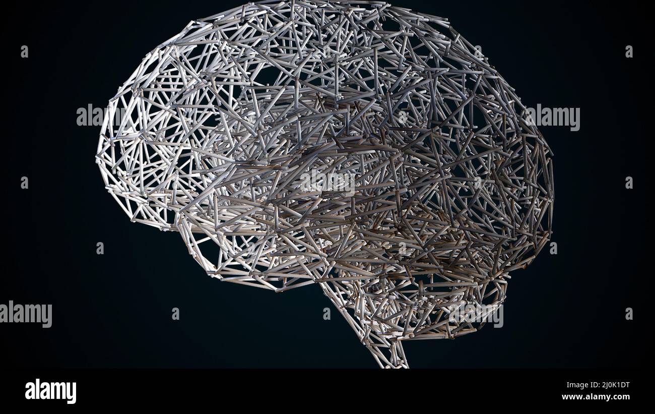 Computergenerierte künstliche Intelligenz. 3D Darstellung der Form des menschlichen Gehirns aus einem Drahtmodell vor dem Hintergrund o Stockfoto