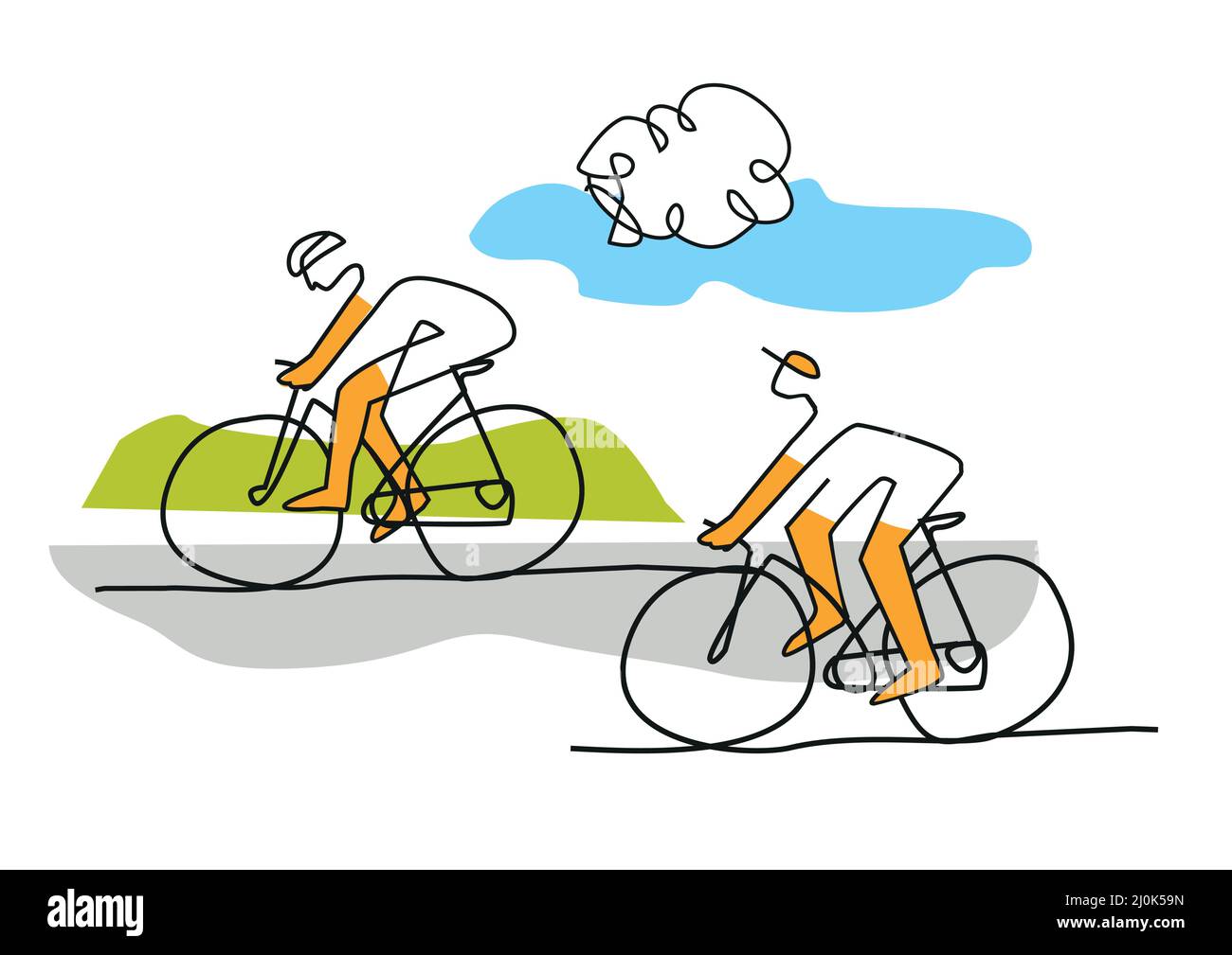 Zwei Radfahrer, Linie Kunst stilisierte Karikatur. Stilisierte Illustration von Straßenradfahrern. Design der kontinuierlichen Linienzeichnung. Vektor verfügbar. Stock Vektor