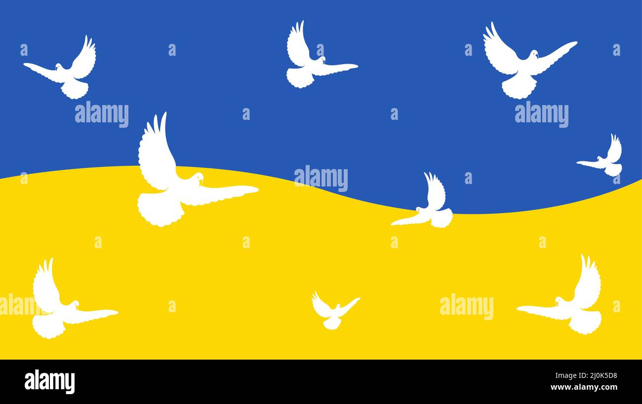 Flagge der Ukraine und weiße Tauben. Das Konzept von Frieden und Güte Stock Vektor